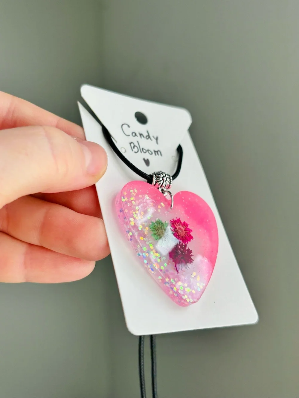 Candy Bloom Resin Heart Necklace Handmade Dried Flower Pink Pendant